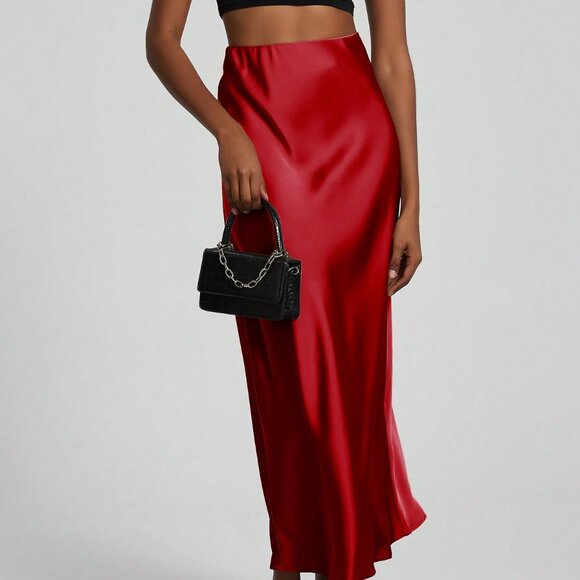 Red Casual Women's Elastic Satin Finish Maxi Skirt - Picture 7 of 8